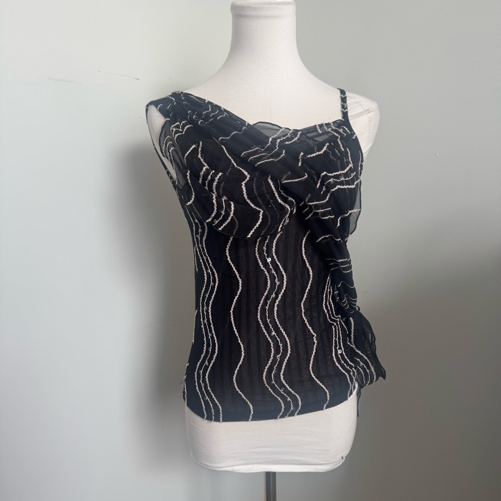 Y2K Ruched Mesh Top — Asymmetrical Drape & Sheer Waves sequins sparkly XS/S goth - Picture 2 of 8